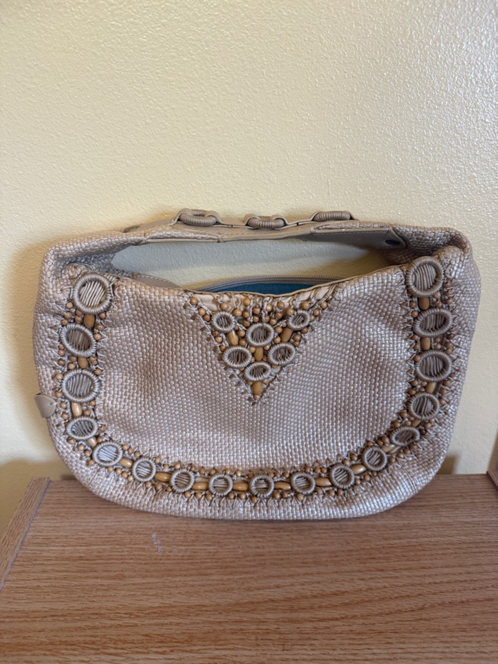 Cole Haan Neutral Beige Woven Clutch with Embellished Trim